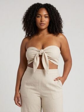 EXPRESS Linen-Blend Tie Front Bandeau Top Sand Shell Cream Shimmer Womens XL